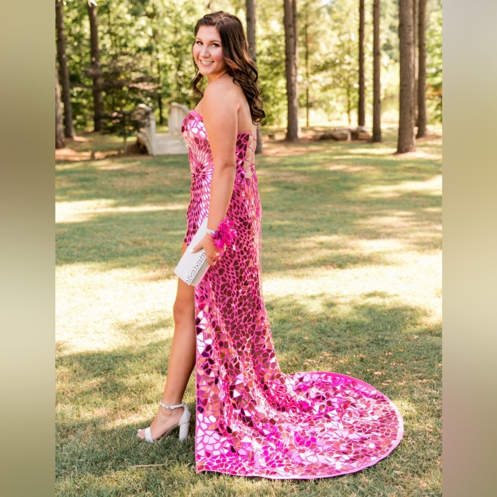 Pink Sherri Hill Strapless Shattered Glass Gown